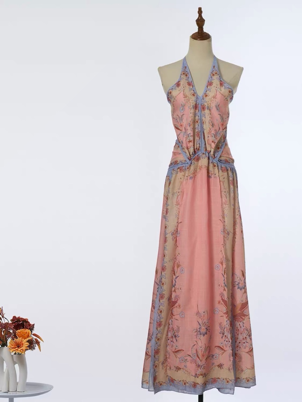 Designer-style Pink Floral Halter Maxi Dress